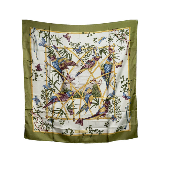 Salvatore Ferragamo Parrots & Butterflies Print 100% Silk Scarf  Olive Cream NWT - Picture 1 of 16